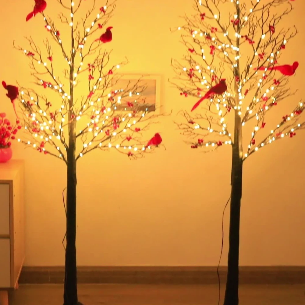 شجرة صغيرة مضاءة شجرة مع الطيور الحمراء والشجرة التوت الجدول الديكور ضوء بطارية تعمل LED الجنية الخفيفة للديكور المنزل #5
