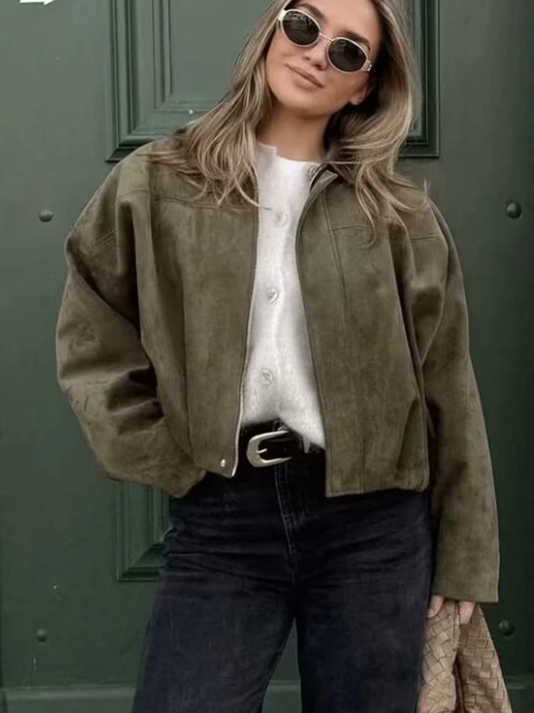 

FSMG Casual Army Green Suede Lapel Jacket Vintage Solid Zipper Long Sleeve Loose Bomber Coat Lady High Street Motorcycle Outwear
