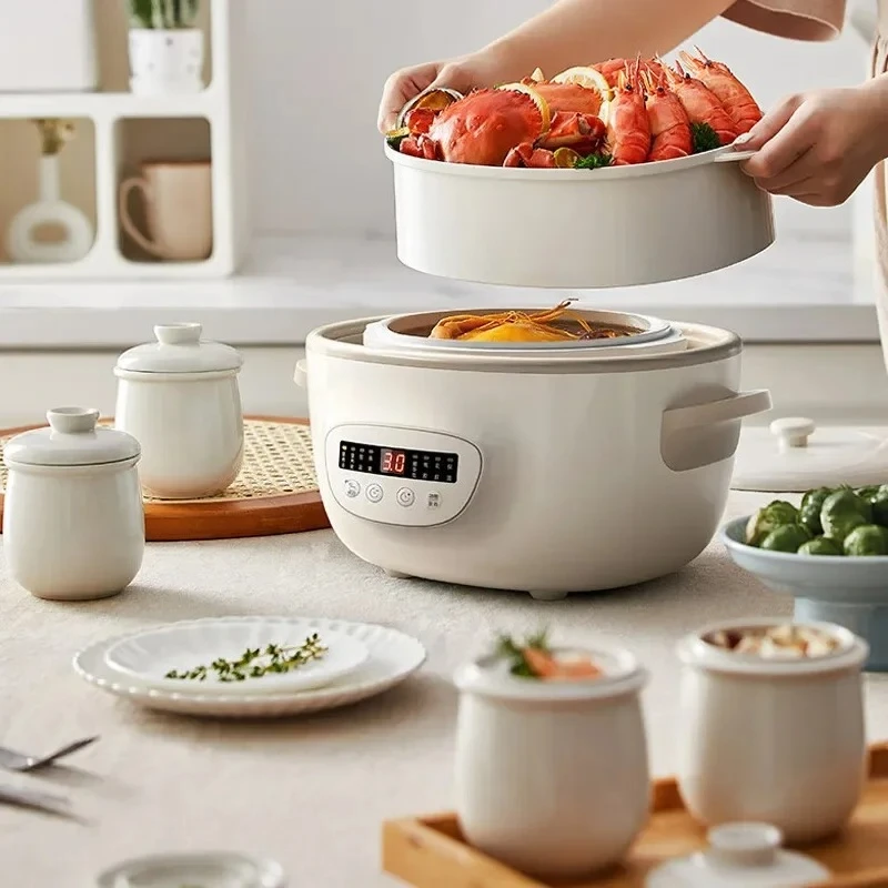 Electric Stewpot with 4 Ceramic Pots and Steamer Ideal for Stewing Cooking