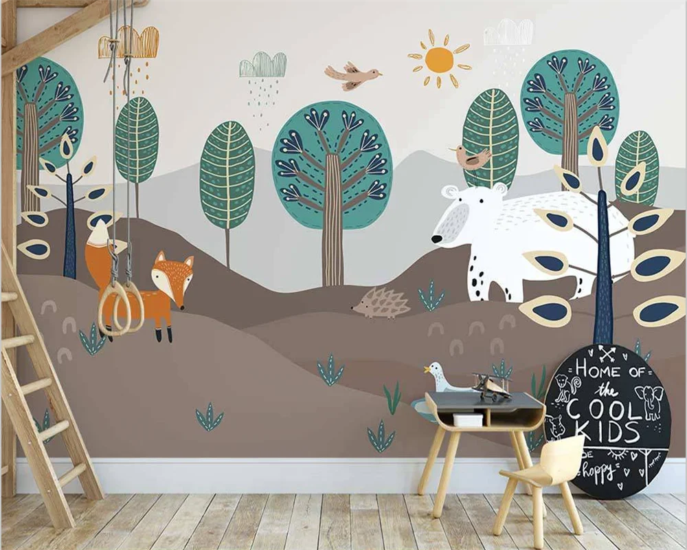 

beibehang papel de parede Custom Modern New Nordic Hand Painted Forest Animals Children's Room Bedroom Background Wallpaper