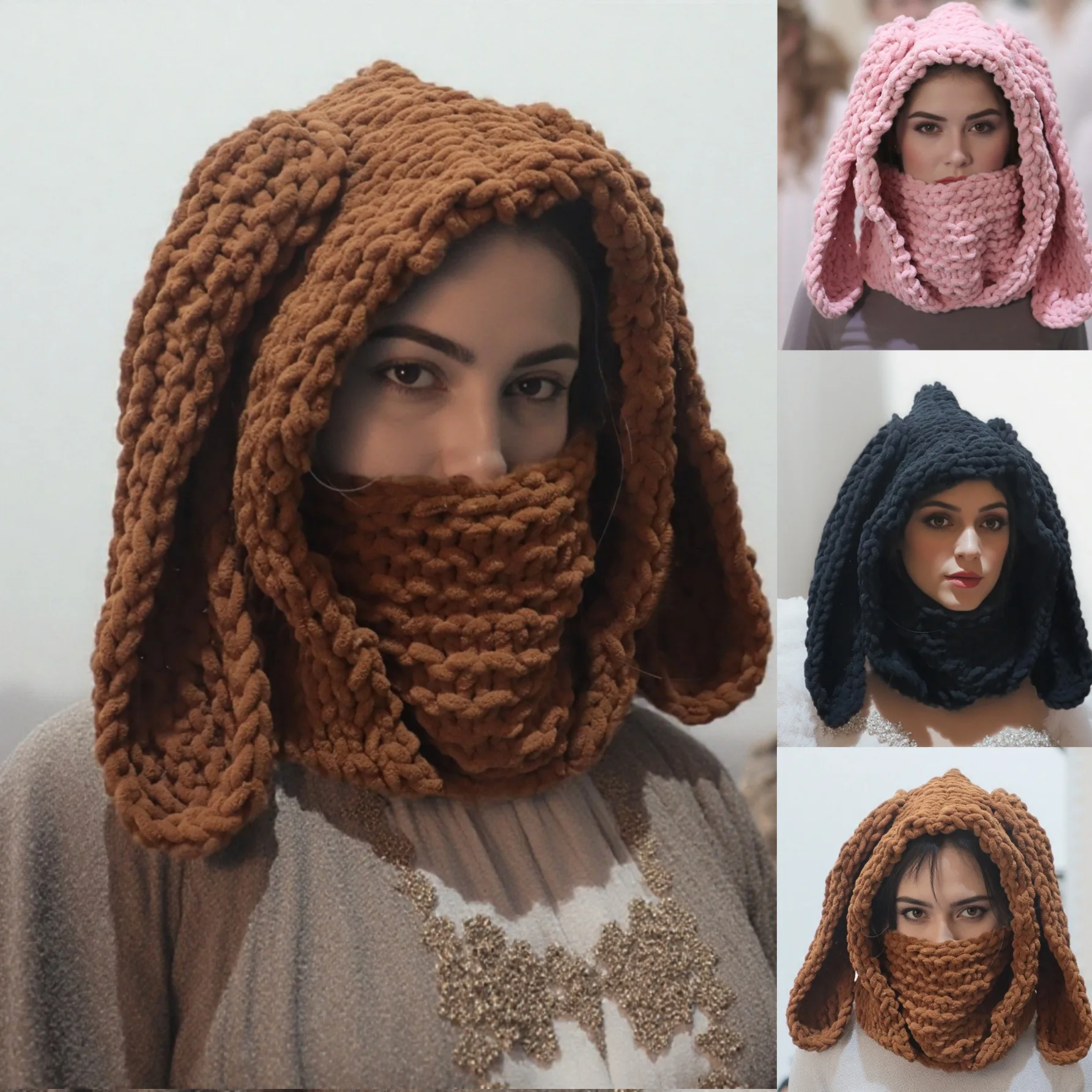 Cartoon Bunny Ear Knitted Hat Eye Exposed Fluffy Winter Warmer Knitted Hat Cold Winter Presents for Teenagers