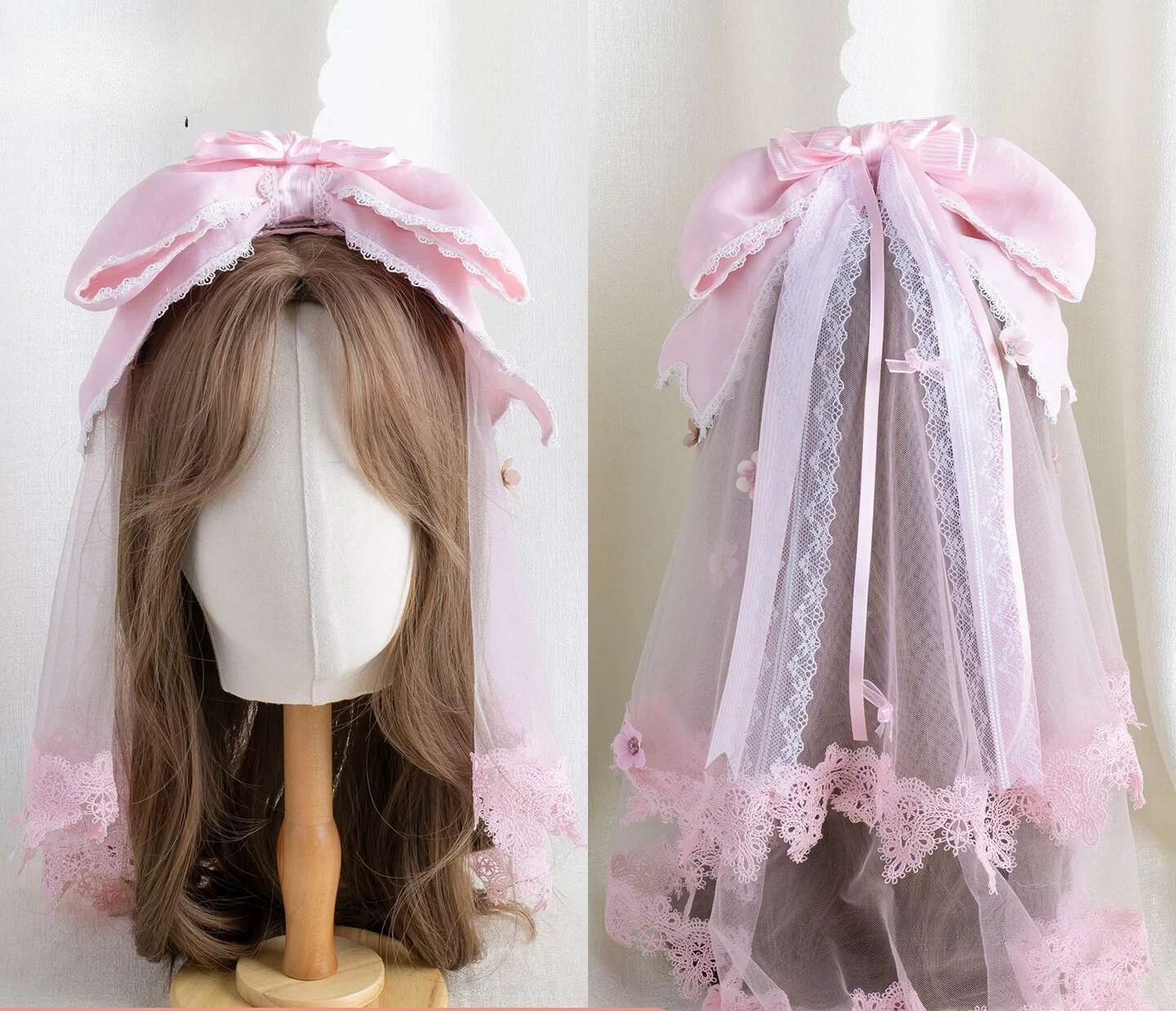 

Original Design Confession Under The Cherry Blossom Tree Sweet Pink Headdress Lolita Lace Bow Veil Lolita Hair Accessories