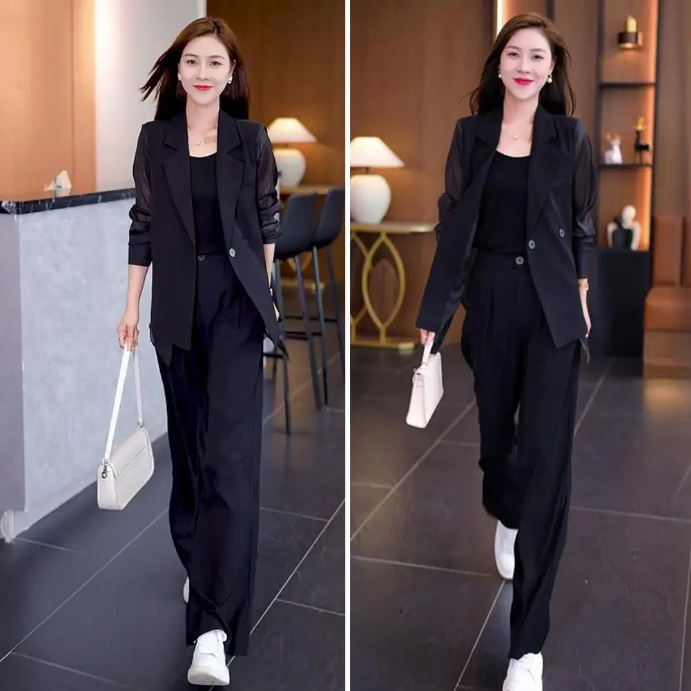 

Women Business Suit Business Style Women's Formal Coat Pants Set Turn-down Collar Wide Leg High Waist for Spring/summer Ol