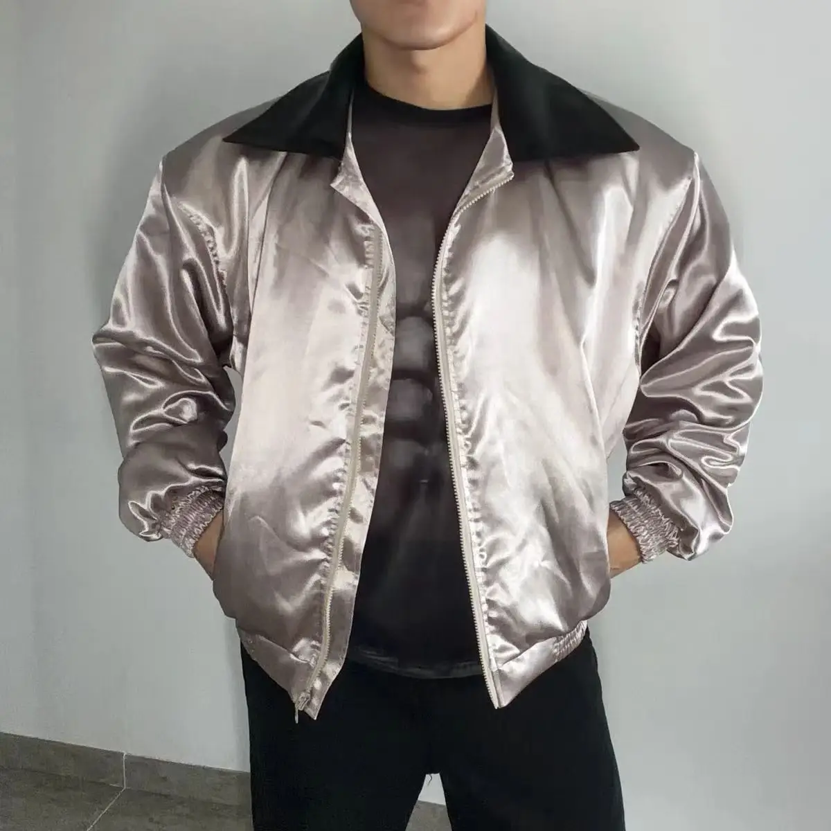 

Unique Designed Metallic Satin Jacket with padded shoulders leather collar Coat Lapel collar Shot Coat