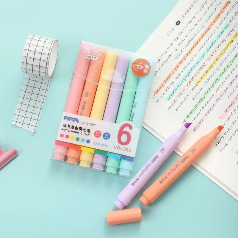 6Pcs/set Pastel Color Macaron Highlighter Pen Marker Pens Fluorescent Pen Drawing Highlighters Cute Stationery School Supplies