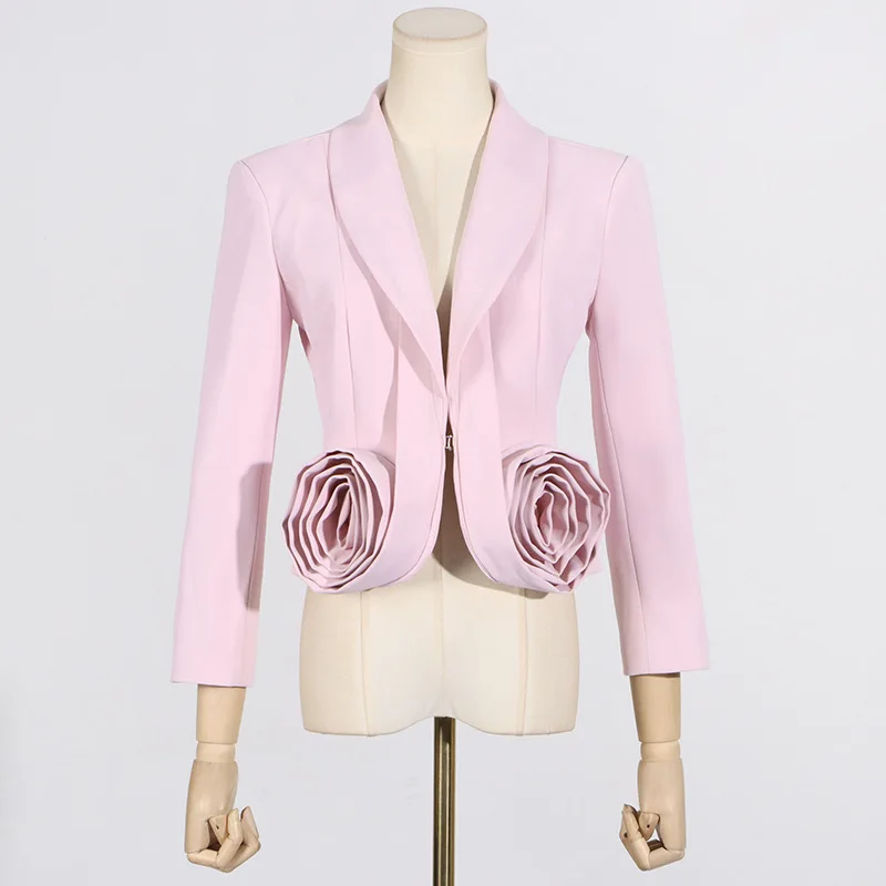 Chaqueta de manga larga con cuello en V para mujer, traje rosa de 1 pieza, chaqueta de diseñador, flor 3D, ropa de trabajo Formal para dama de oficina, abrigo Sexy