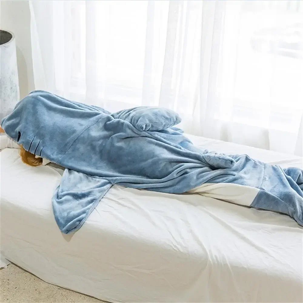 1pc New Shark Blanket For Adult Wearable Winter Warm Blanket Hooded Playsuit Onesie Funny Sleeping Bag For Slumber Party