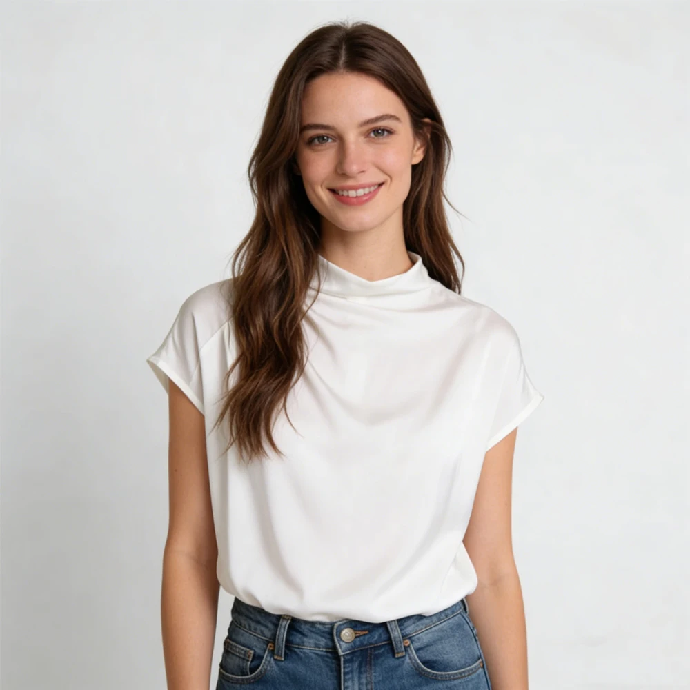 2026 Women's Casual Summer Clothing 93% Natural Mulberry Silk Elastic Double Qiao Satin Stand Up Collar Solid Color T-shirt