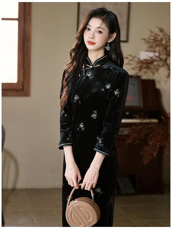 

Retro Bla Long Sve Velvet Dr Young Sle New Chinese Sle Mid-Length Skirt Warmth Function Pure Color