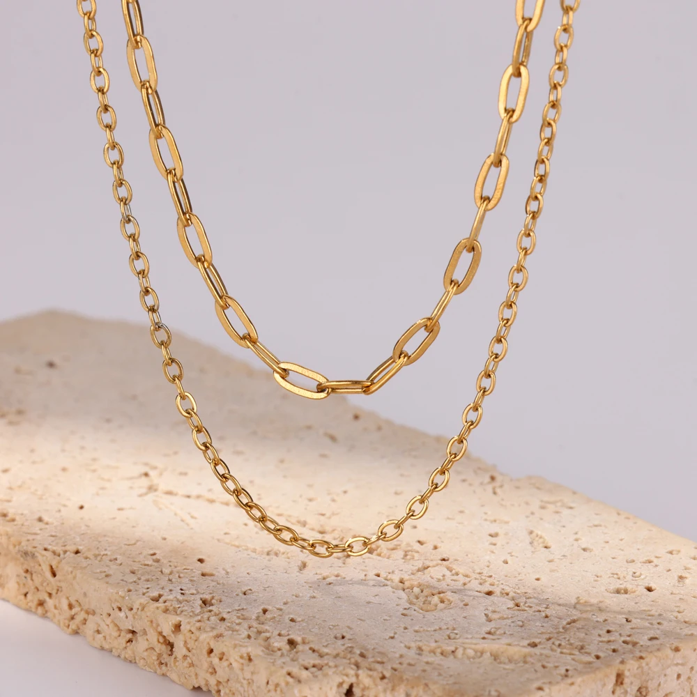 

2PC Double Layer Hollow Paperclip Necklace For Women Men Necklace Stainless Steel Gold Plated Oval Link Chain Fashion Jewelry