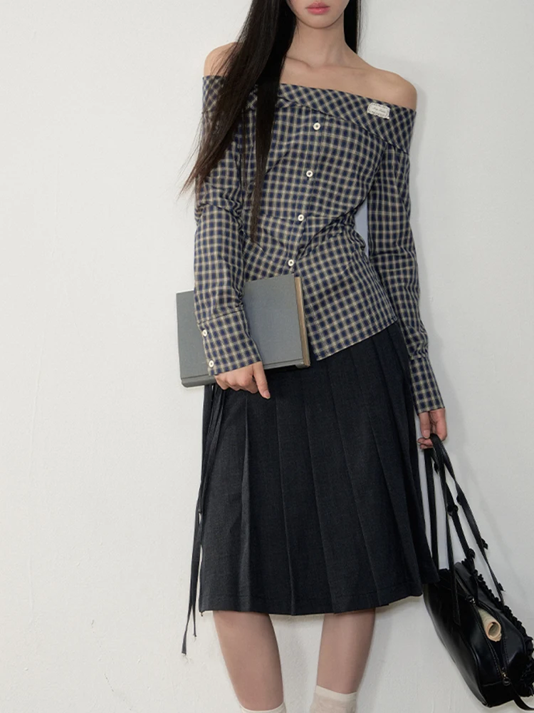 Coréen Sle oulder Bared Plaid Long Sve femmes irt début automne 2025 nouvelle taille haute minceur jupe plissée deux pièces...