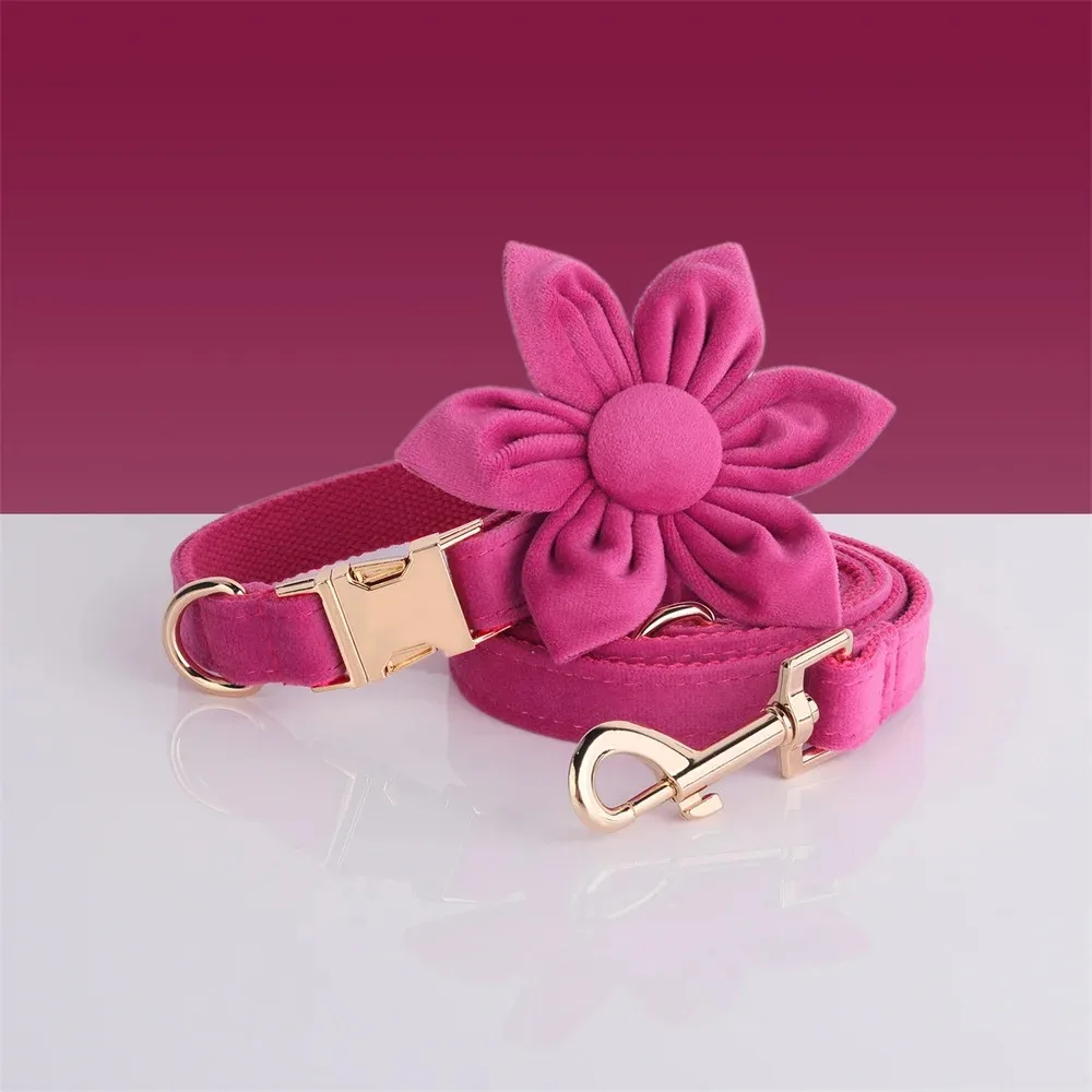 

Pink Velvet Personalized Dog Collar for Small Dogs Light Weight Cute Dog Harness with Bow Flower Puppy Traction Set