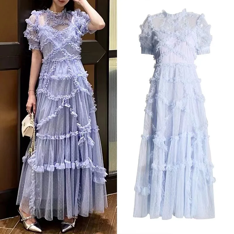 

In Stock New Luxury Elegant Summer Blue Mesh Prom Party Long Dress Vintage Women's Edible Tree Fungus Dot Stand Neck Folds Robe