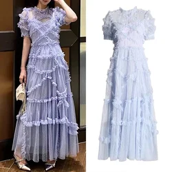 In Stock New Luxury Elegant Summer Blue Mesh Prom Party Long Dress Vintage Women's Edible Tree Fungus Dot Stand Neck Folds Robe