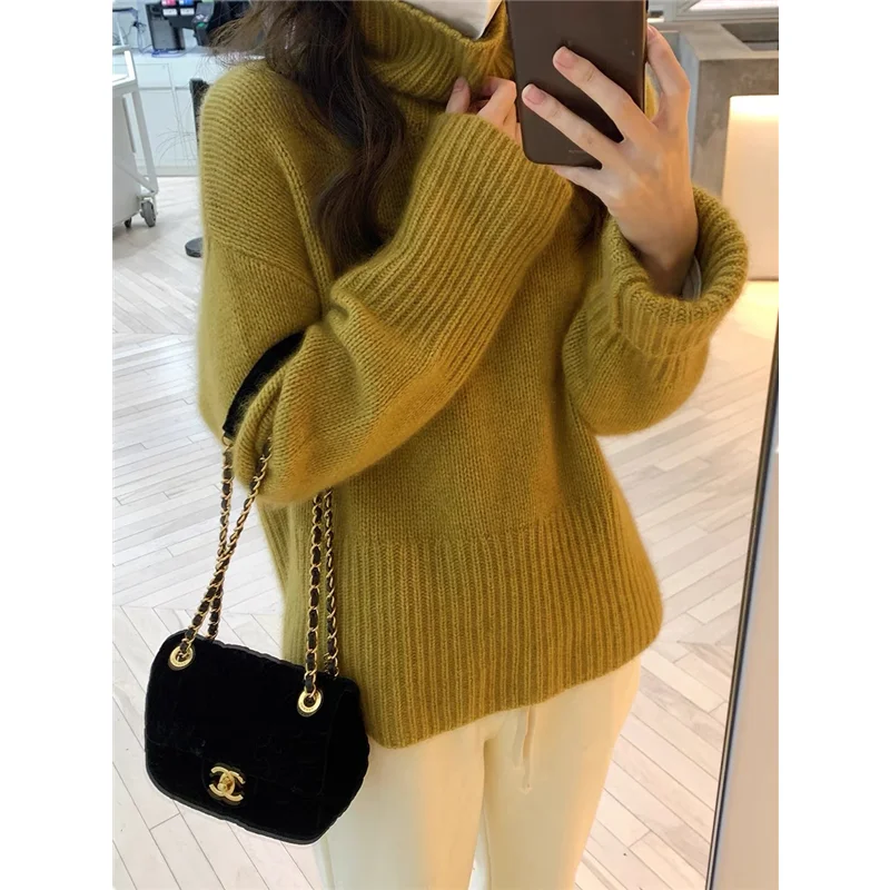 Turtleneck Cashmere Sweater for Women, Monochrome Blouse, Wool Knitted Bottoming, Korean Version, Autumn and Winter, Lazy, Lazy