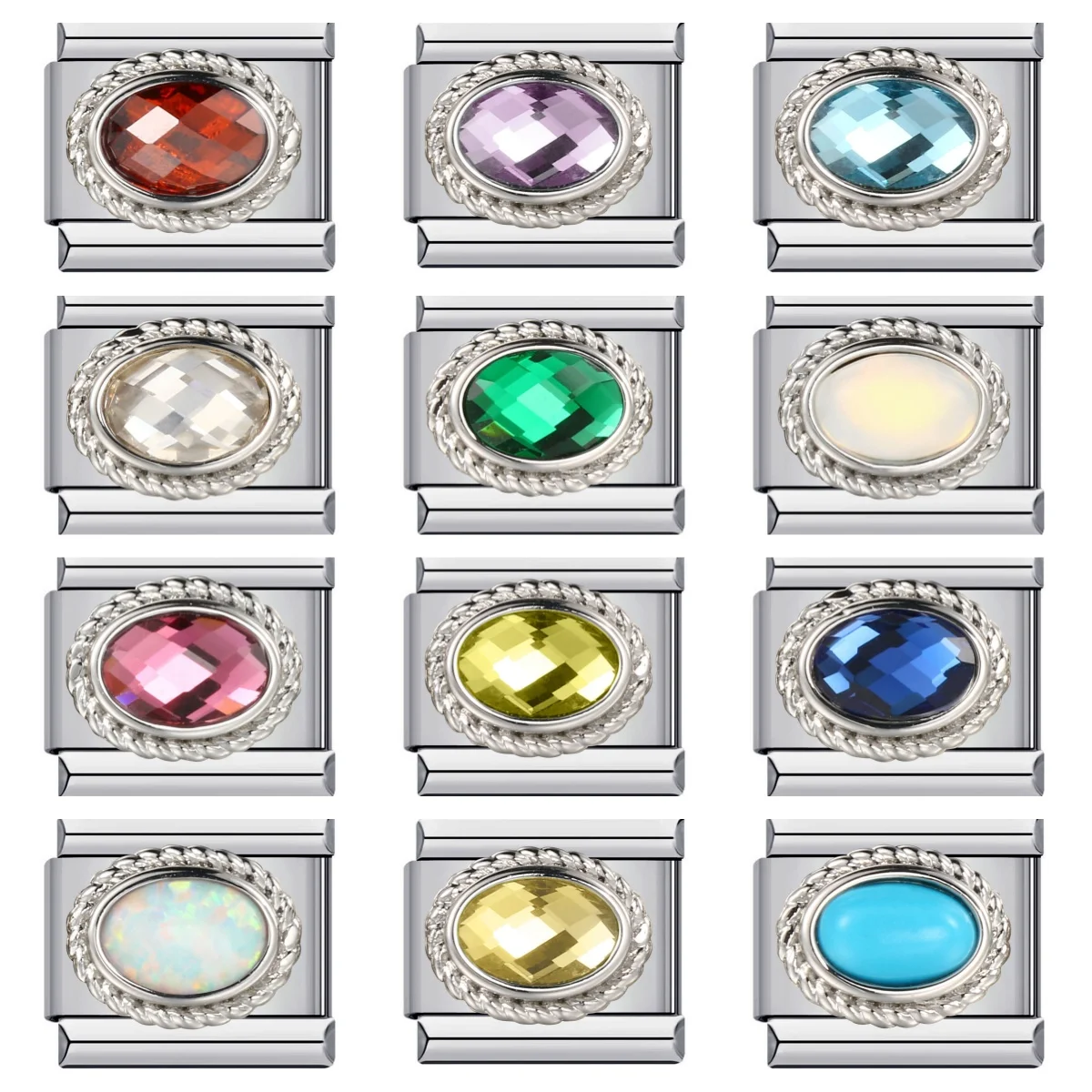 URING Modischer bunter Zirkonia, elliptisch, 12 Geburtssteine, italienischer Charm-Verbindungen, passend für 9 mm Armbänder, Edelstahl-Schmuck, DIY-Herstellung – Detail 1