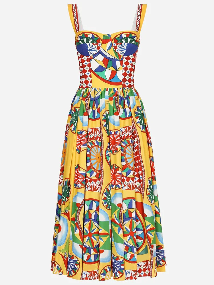 

Summer Fashion Designer Vintage Pattern Printed Sling Vestidos Women Square Collar Elastic Waist A-LINE Cotton Long Dress