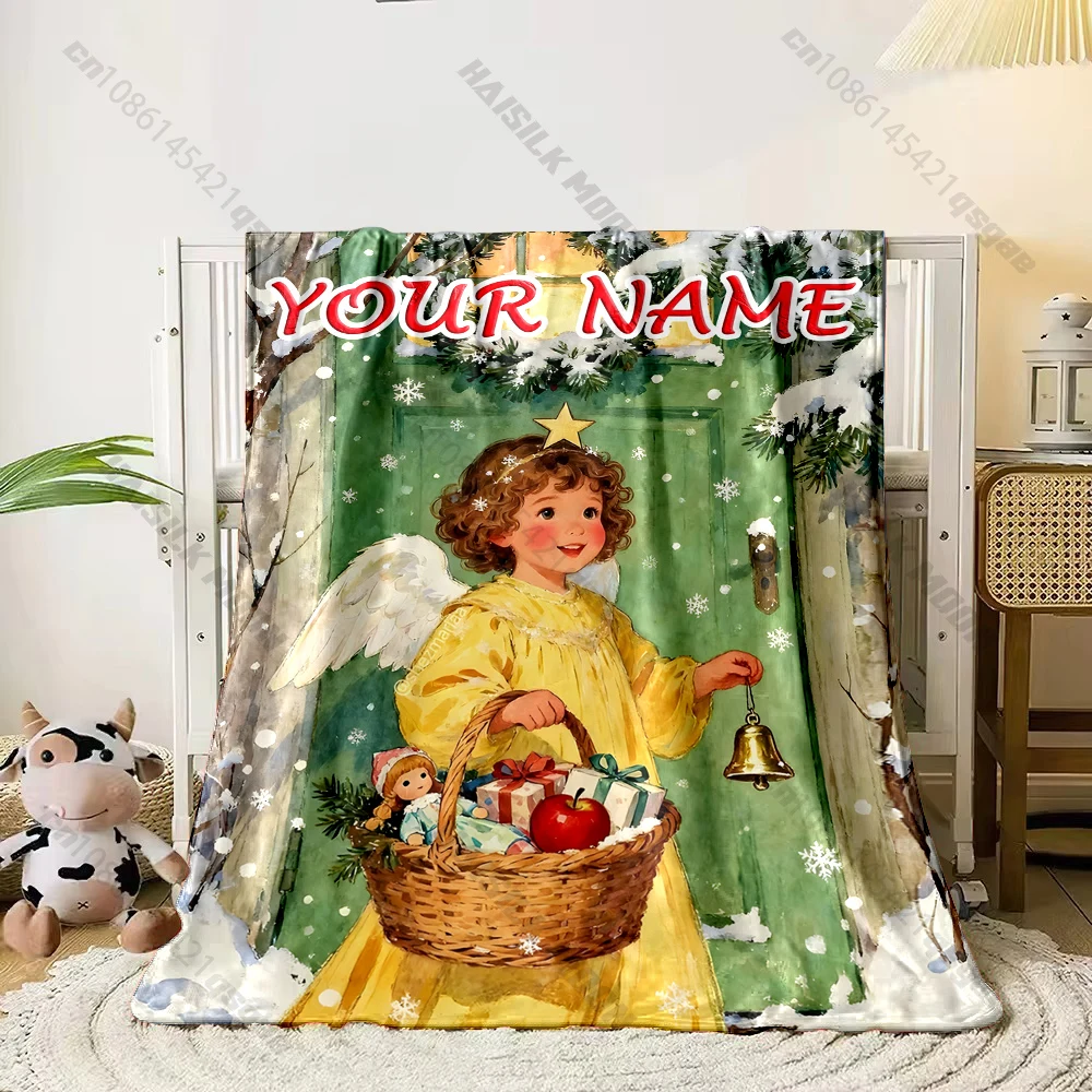 Personalized Name Christmas Angel Girl Throw Blanket Custom Winter Snow Bell Gift Basket Flannel Blanket Xmas Home Decor Gift