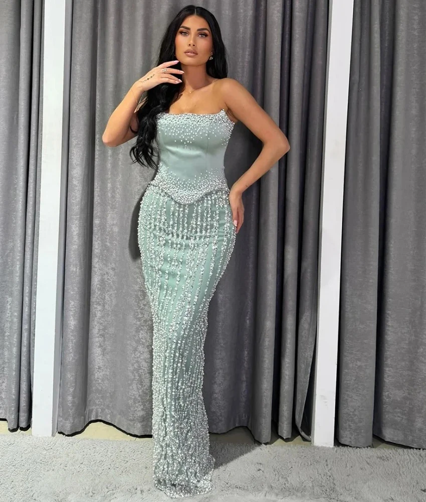 

Customized Exquisite Tulle Straight Beading Sequined Evening Dress Graceful Strapless Sleeveless Floor Length Prom Gowns