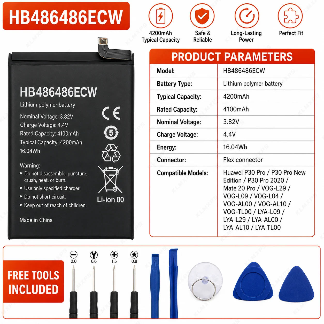 Replacement Phone Battery HB486486ECW 4200mAh For Huawei P30 Pro Mate20 Pro Internal Battery Spare Part Repair Use