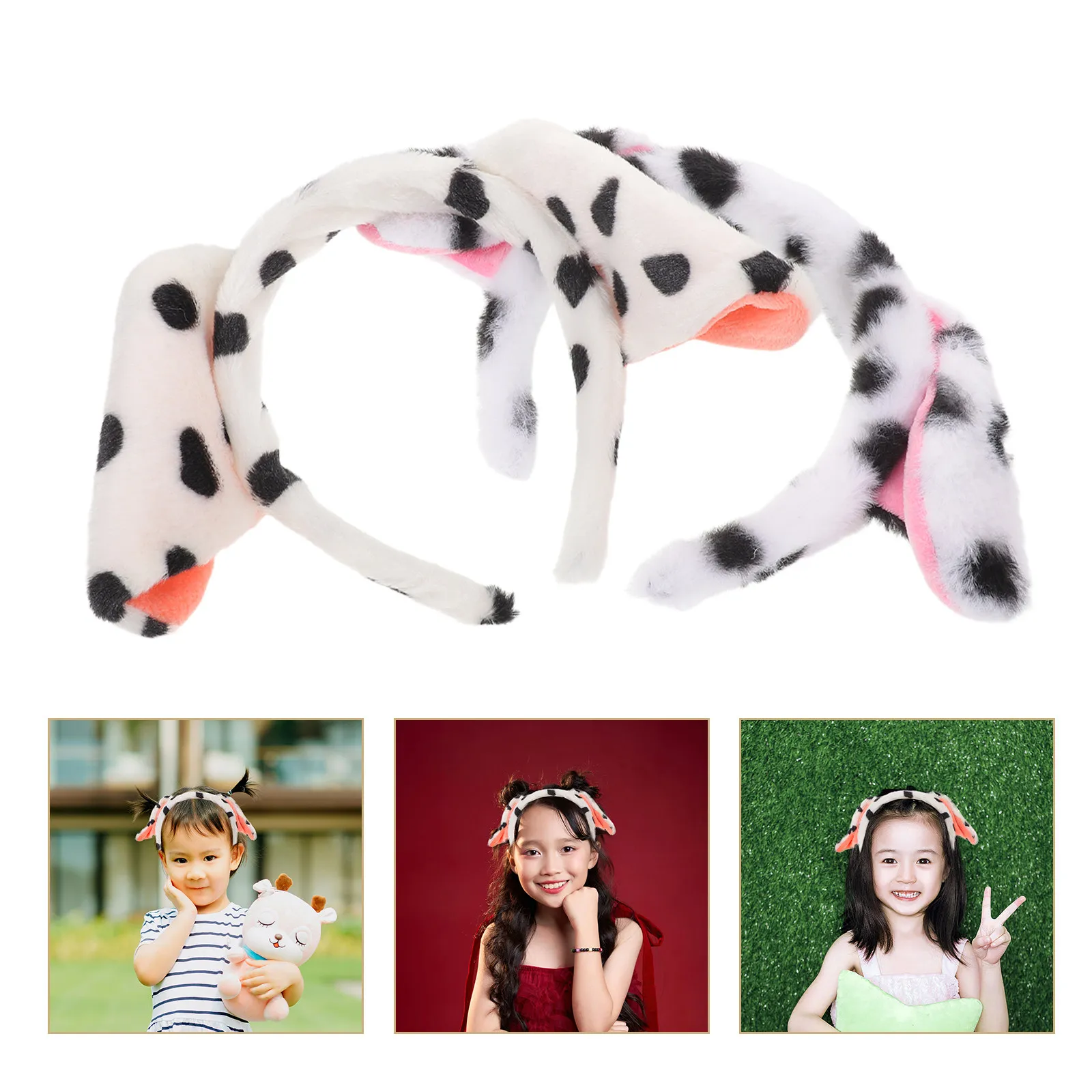 4Pcs Dalmatian Dog Ears Headband Pink Dog Costume Hairbands Animal Headband Set for Birthday Party Cosplay