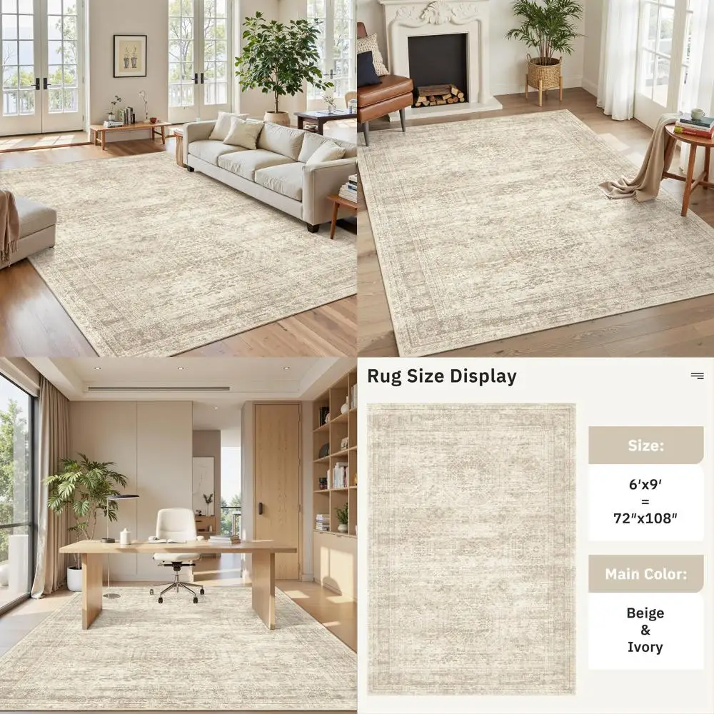 Washable 6x9 Area Rug for Living Spaces - Modern Beige Indoor Rugs with Non-Slip Feature for Bedrooms and Dining Areas