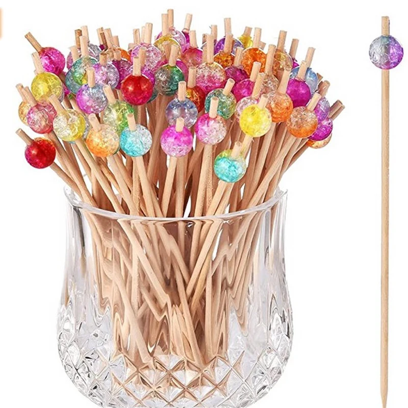 100pcs Colorful Beads Bamboo Fruit Sticks For Decoration Cocktail Salad Snack Sandwich Buffet Toothpicks Fountain Wedding Party