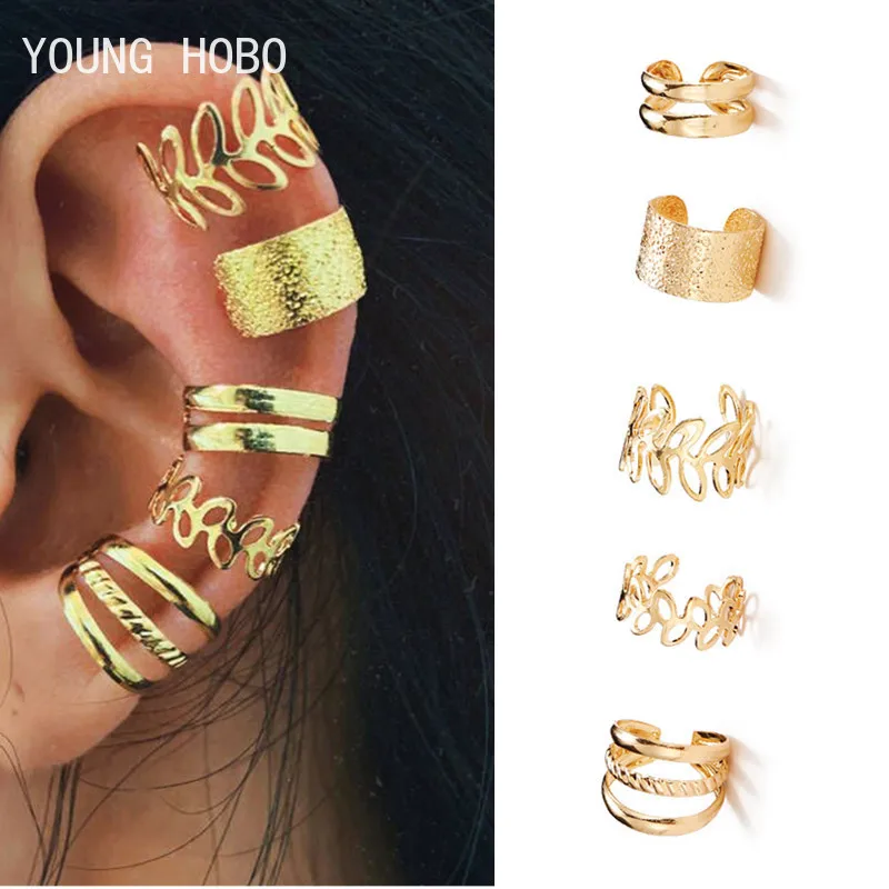 YOUNG HOBO New Gold Color Leaves Ear Cuff Black Non-Piercing Ear Clip Earrings for Women Men Fake Cartilage Earring Cuff Jewelry