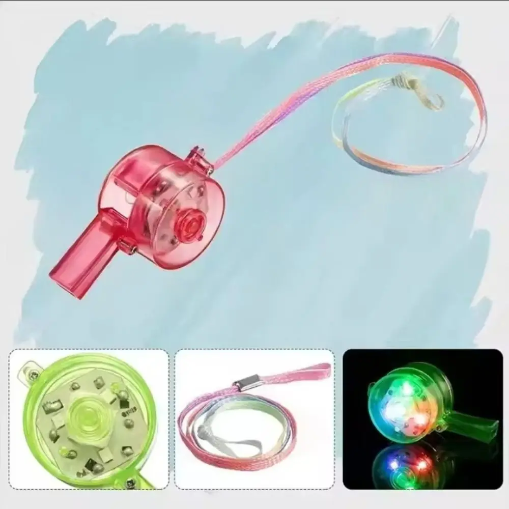 5 قطع من صفارة إضاءة LED متعددة الألوان مع صفارة بلاستيكية مضيئة مستديرة للحفلات الكرتونية