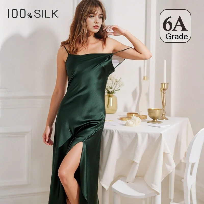 Women's Summer Sexy 100% Mulberry Silk Camisole Nightgown Swinging Collar 19mm Heavy Silk Slit Perfect Outdoor Wear XL Size Cozy