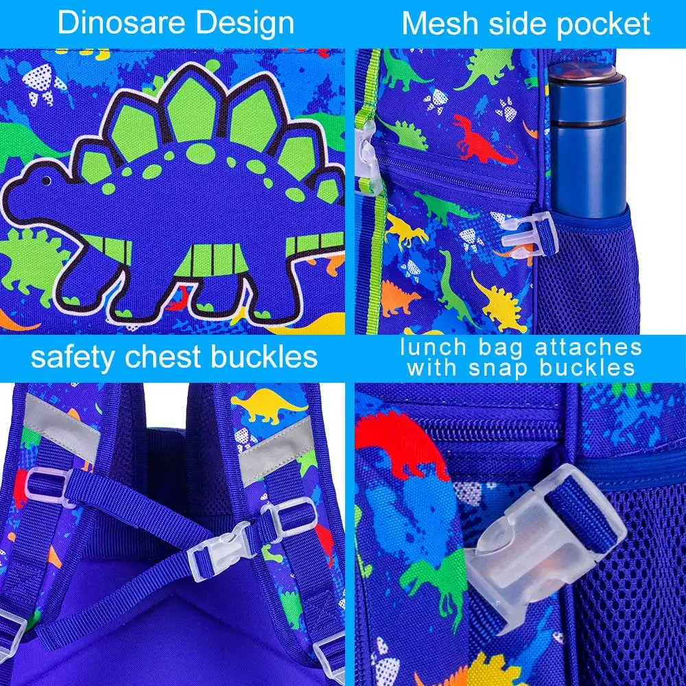 3PCS Dinosaur Backpack, 16”Kids Bookbag for Boys with Lunch Box, School Bag for Elementary Toddler