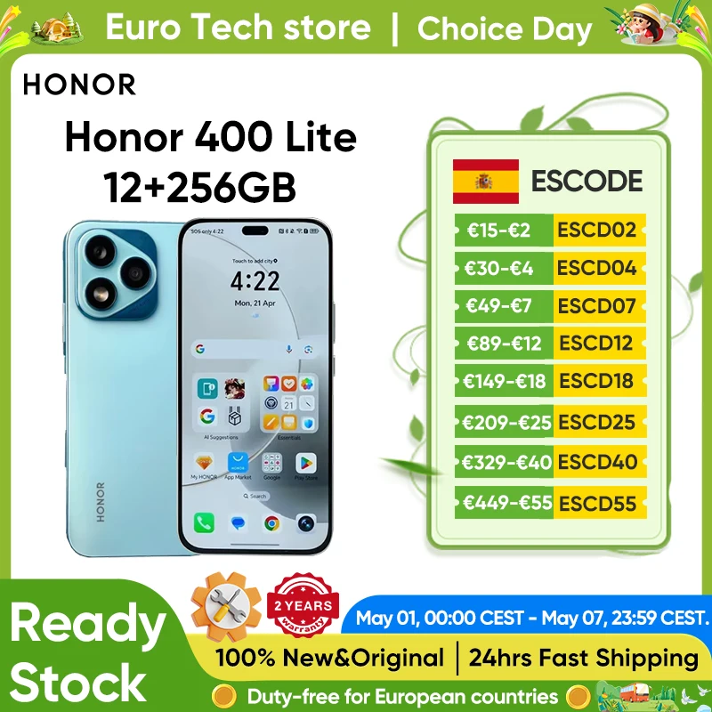 Smartphone HONOR 400 Lite 5G Versão Global MTK Dimensity 7025-Ultra Câmera AI de 6.7'' 108MP 5230mAh 35W SuperCharge Tela AMOLED