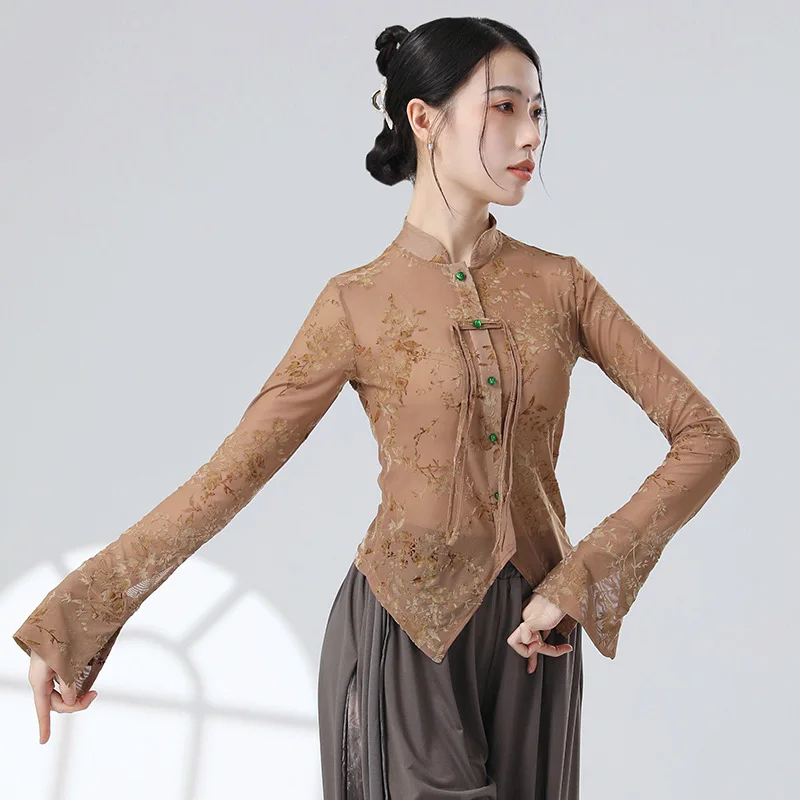 UMI MAO New Chinese Top Women\'s Mesh Classical Dance Dance Dress New Slim Fit Long Sleeved Performance Clothing Femme