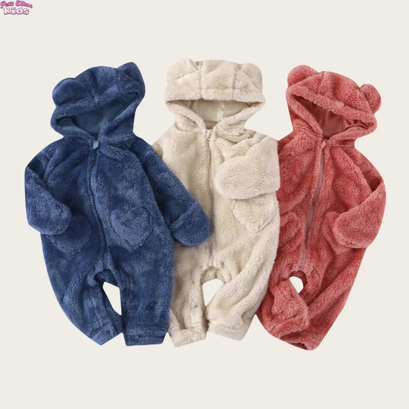 

2025 Baby Clothes 0-12M Baby Boys Girls Bear Ear Hooded Plush Romper Fleece Material Zipper Closure Winter Warm Casual Jumpsuit