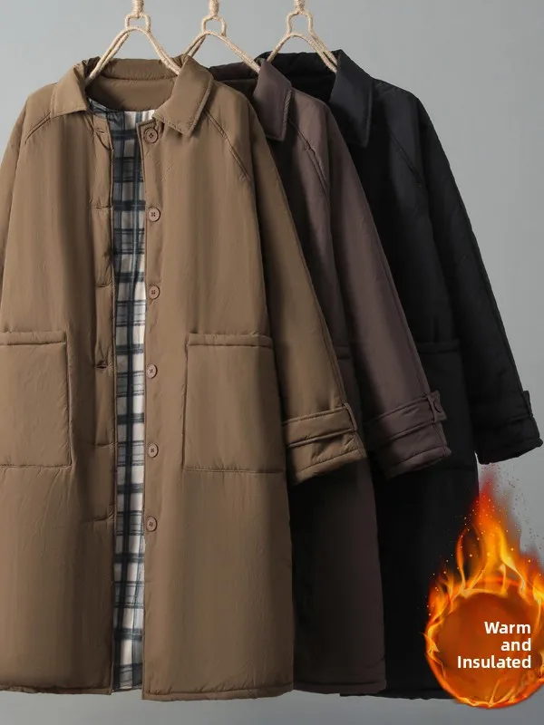 

Retro Plaid Patchwork Cotton Jaet Women's Winter New Loose Versatile Thi Warm Medium Length Cotton Coat ex