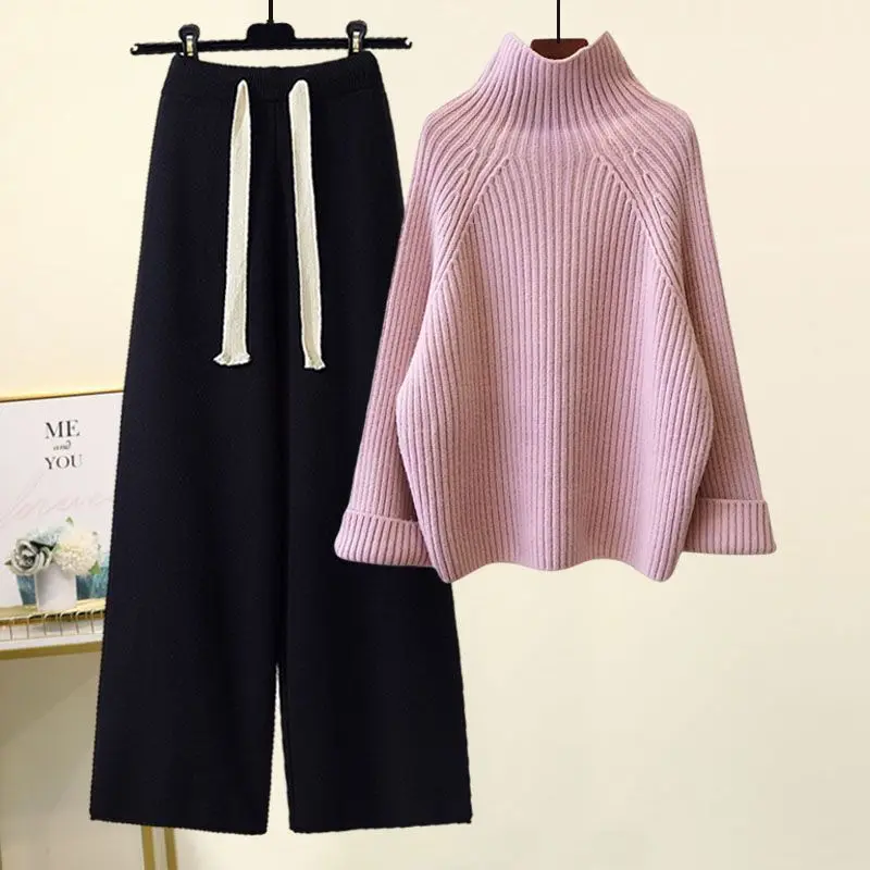 Autumn and Winter Set New Korean High Collar Knitted Sweater Women\'s Slimming and Age Reducing Wide Leg Pants Two Piece Set