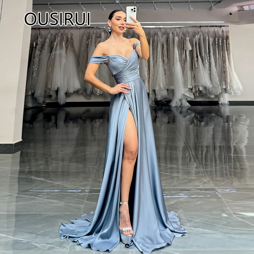 Simple Saudi Evening Dress Arab Off-Shoulder Satin Pleated A-line Pleated Side Silt Sweep Court Evening Bridal Gown Custom Made