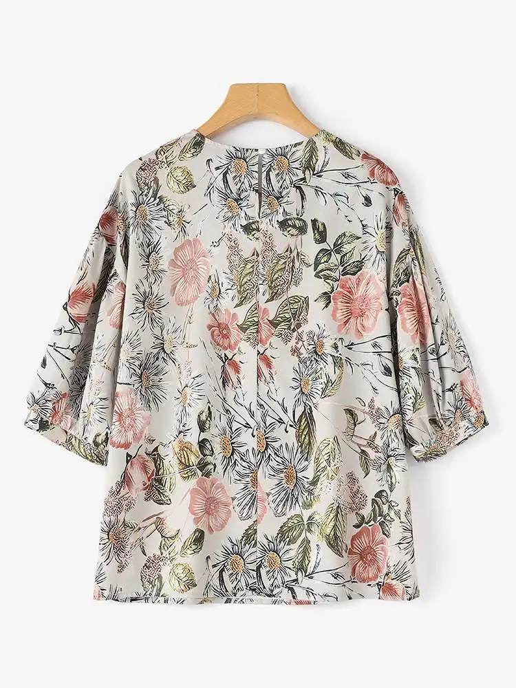 ZANZEA-Blusa floral estampada com o pescoço para mulheres, manga lanterna feminina, túnica elegante, camisa casual, diária, verão, 2022