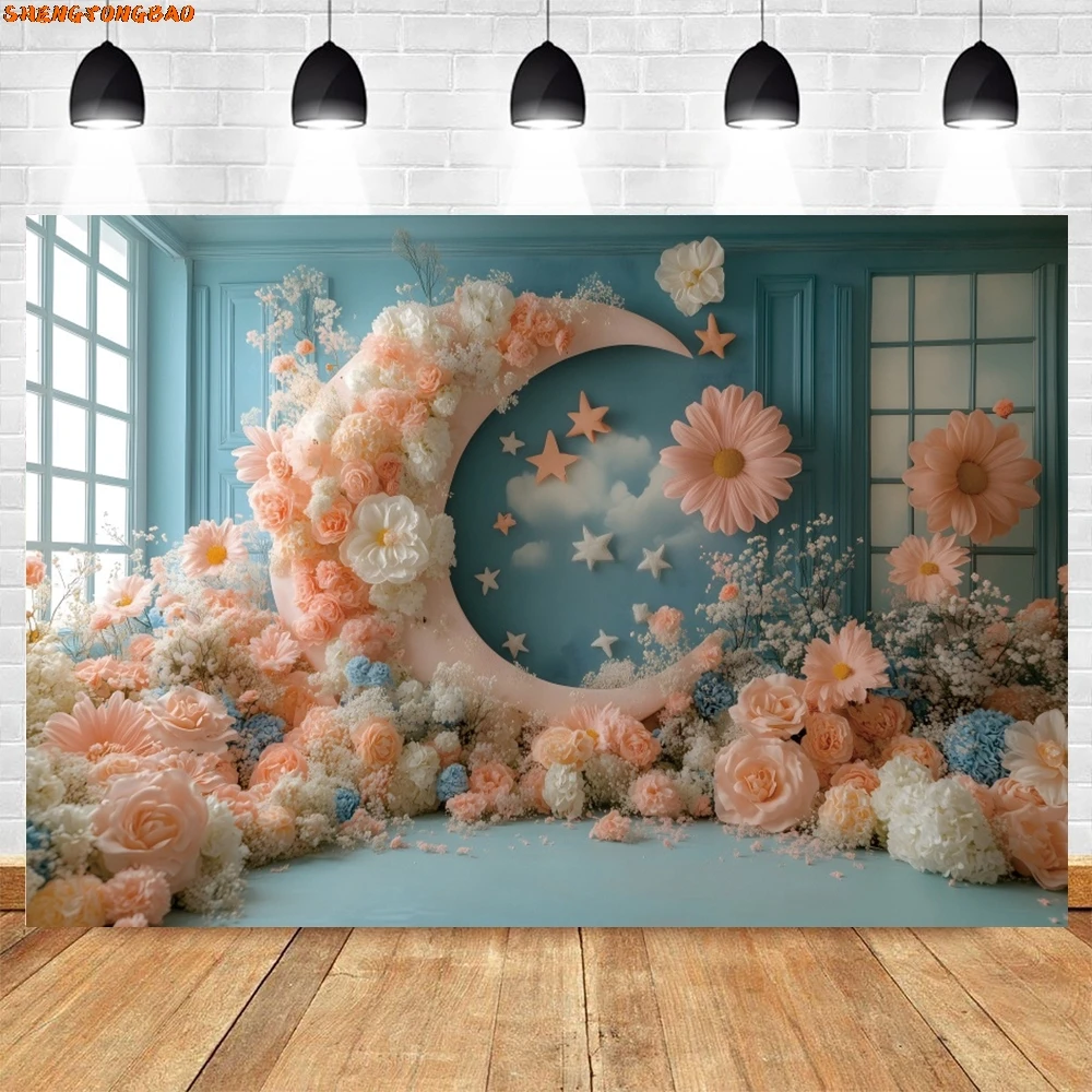 Moon Wonderland Theme Photography Backdrop Flowers Princess Birthday Party Decor Kids Portrait Background Photobooth Supplies