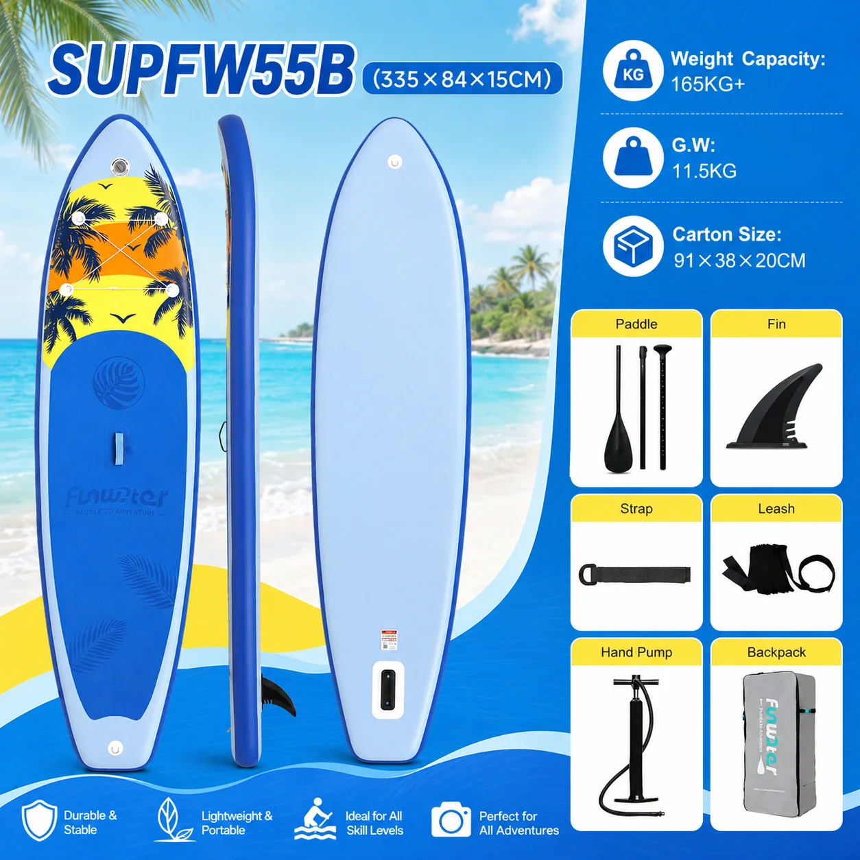 Funwater aufblasbares Stand-Up-Paddleboard mit komplettem Zubehörset, 335 * 84 * 15 cm, maximale Belastbarkeit 165 kg, leicht zu transportieren, geeignet für Wasseryoga, Fitness, Familienausflüge,