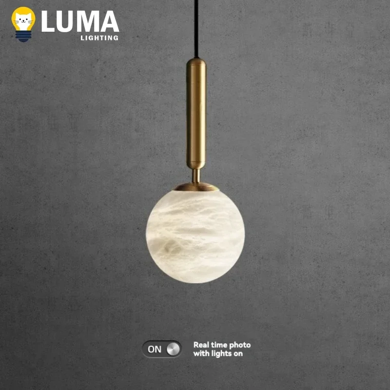 

Modern Alabaster Pendant Lamp, Marble Ball Hanging Light for Bedroom Bedside Kitchen Island Dining Room Villa Luxury Home Decor