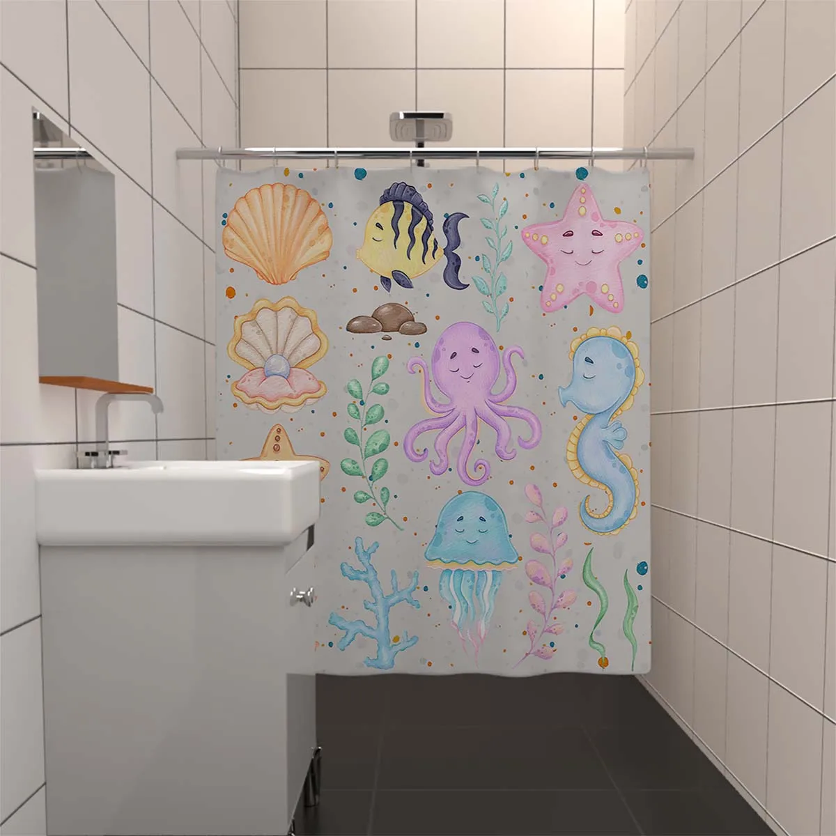 180x180cm bathroom waterproof polyester shower curtain, mold resistant, perforated with hooks, seahorse shell seaweed