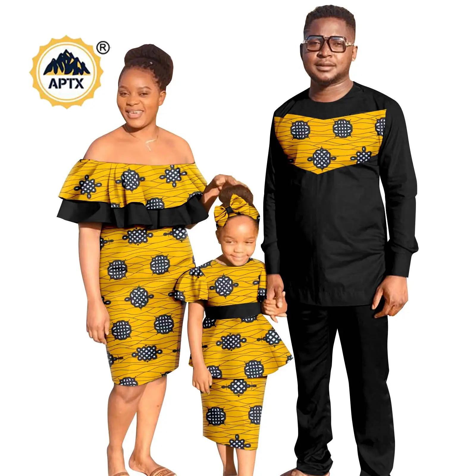 

African Family Clothes Sexy Print Ruffles Slim Dresses Matching Couple Clothes Men Top and Pant Sets Dashiki Party Wear 24F040