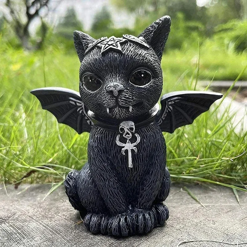 Statua di gatto nero per decorazioni di Halloween, misteriosa statuetta di streghe di gatto carino, ornamento da scrivania, scultura dipinta a mano