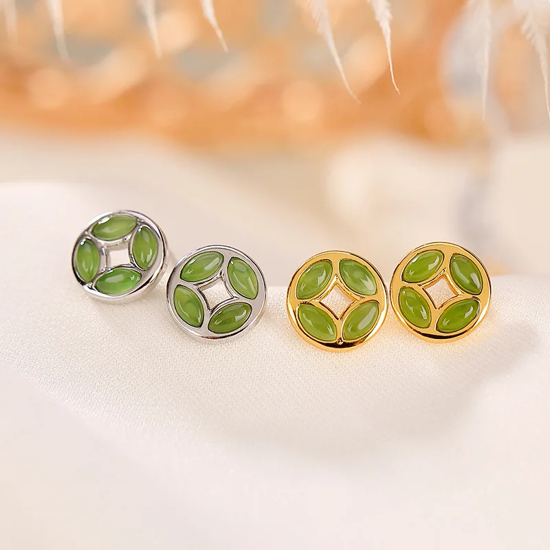 

S925 Sterling Silver Gold-Plated Jade Coin Earrings Jewelry