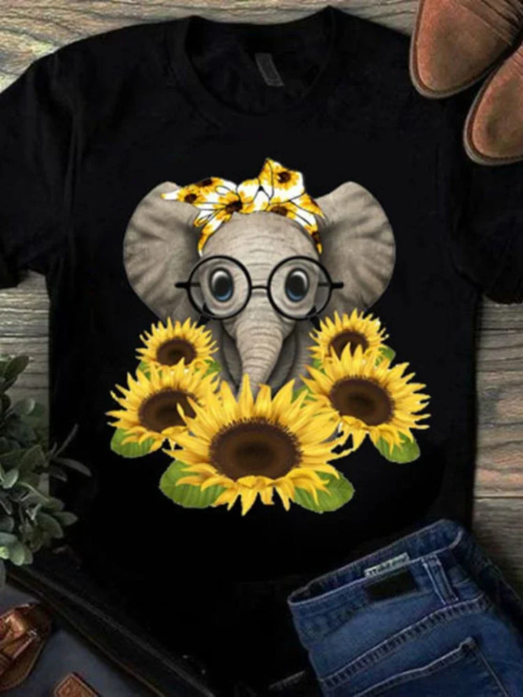 

Cartoon Sunflower Elephant Print T Shirt Women Short Sleeve O Neck Loose Tshirt Summer Women Tee Shirt Tops Camisetas Mujer