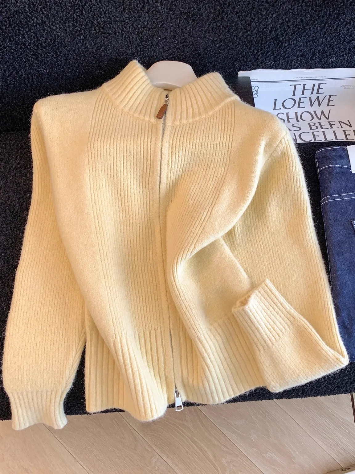 

Korean Style High Collar Double Zipper Knitted Cardigan Sweater Women's Autumn Winter Layering Outerwear Loose Fit Commute