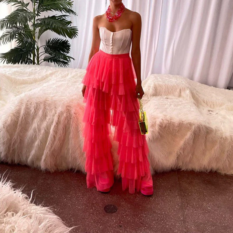 OMSJ Tulle Mesh Ruffles Fluffy High Elastic Waist Layered Fashion Hot Girls Bottoms Full Pants Dancing Club Streetwear Sexy&Cute