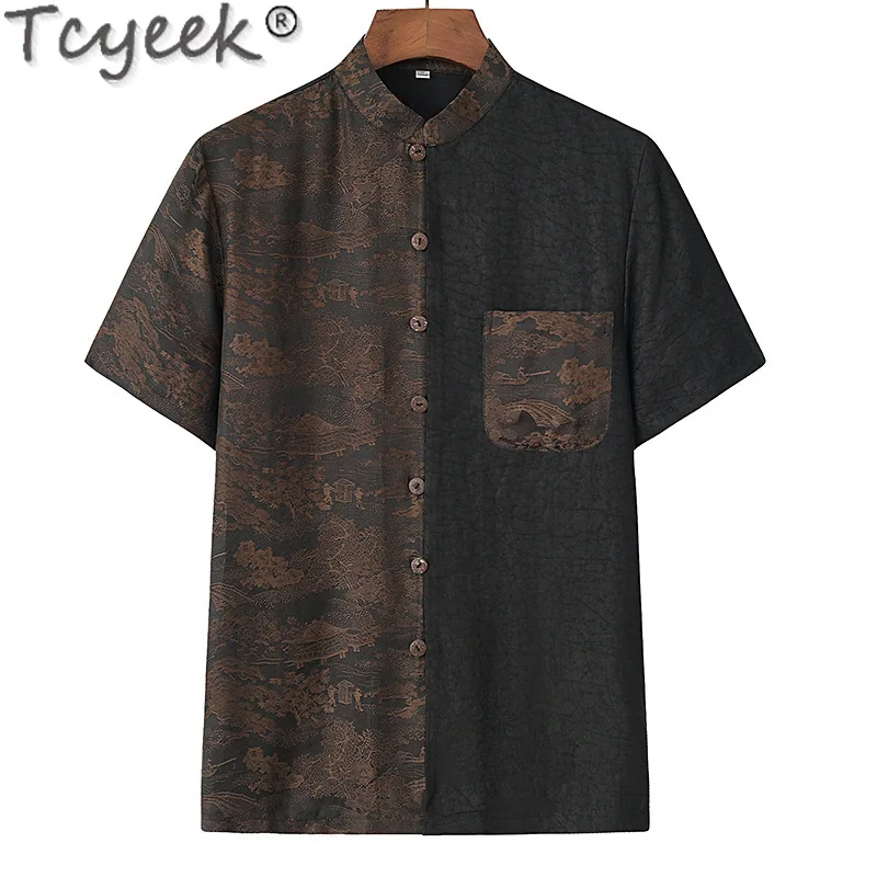 Tcyeek 100% Real Mulberry Silk Shirt Men Summer Clothes Fashion Short Sleeve Top Stand Collar Mens Shirts Chinese Style 2024