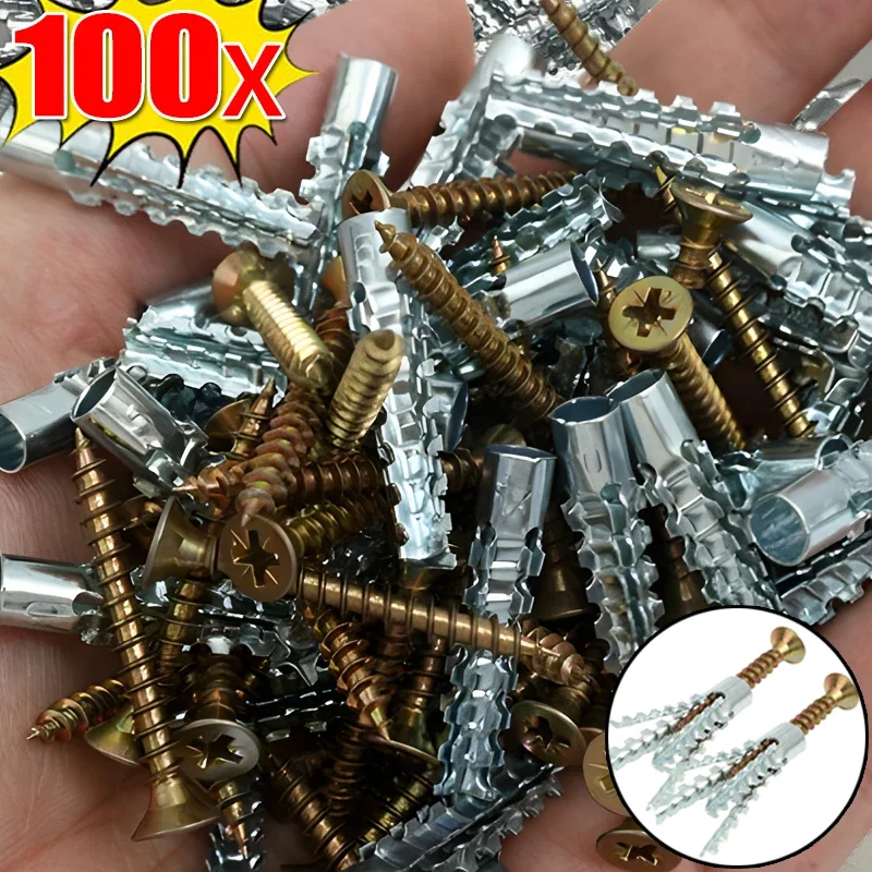 100/10set Metal Expansion Tube Pipe Self Tapping Screw Drilling Plug Serrated Thorny Wall Anchor Expansion Bolt Fastener Anchors